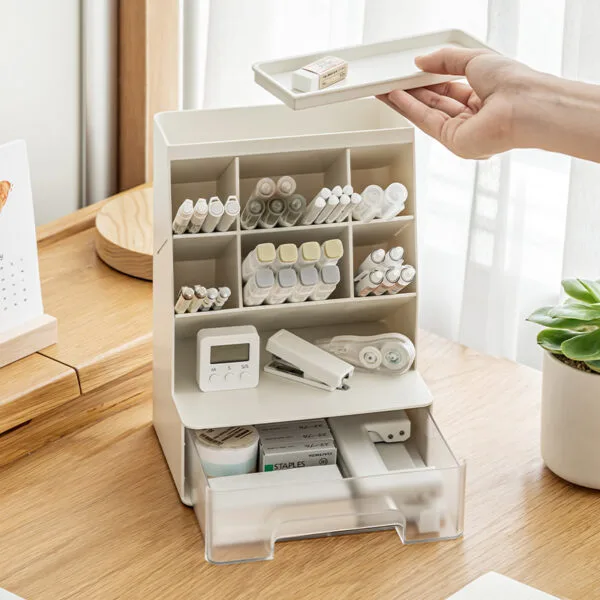 6-compartment pen holder  PP Material Transparent Desktop Organizer - Multi-Compartment Desk Storage Box for Office and Student Stationery