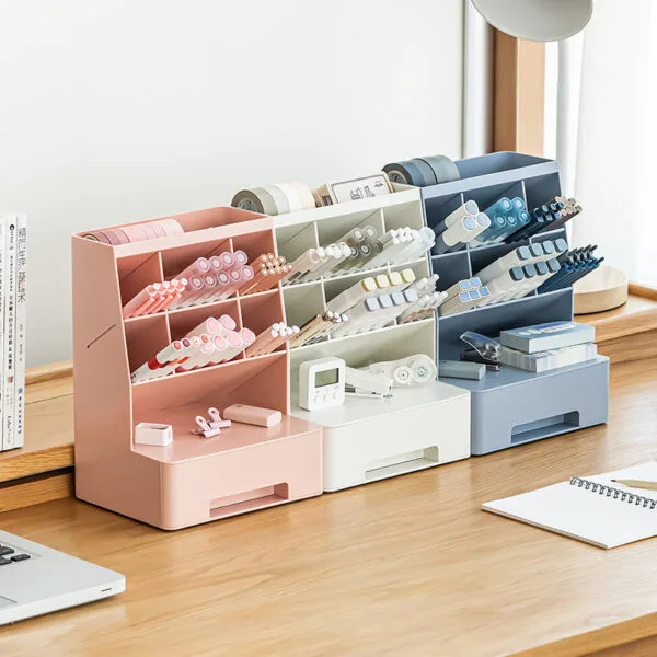 6-compartment pen holder  PP Material Transparent Desktop Organizer - Multi-Compartment Desk Storage Box for Office and Student Stationery