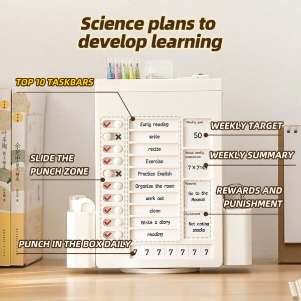 Rotating  Planner Board -2 functions Portable Memo Checklist Pencil Storage Box for Kids Detachable Daily Task Schedule Reminder Multi compartment pen holder