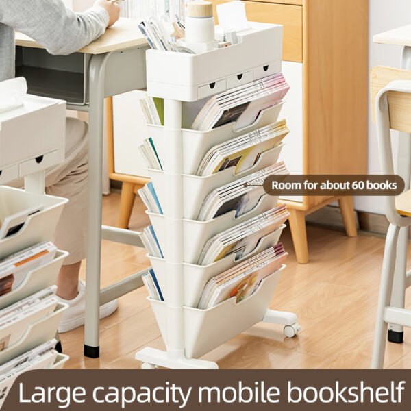 5 layer-Multi-Tier Movable Bookshelf Storage  With Wheel Book Organizing Rack Cart With Drawer Vertical Magazine Storage Cabinet