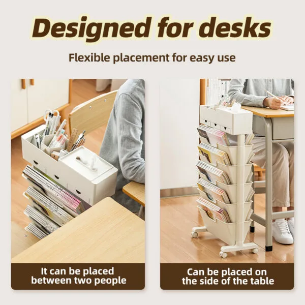 5 layer-Multi-Tier Movable Bookshelf Storage  With Wheel Book Organizing Rack Cart With Drawer Vertical Magazine Storage Cabinet