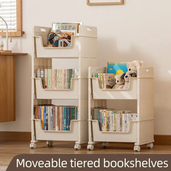 Multi-Tier Movable Bookshelf Storage-2 layer  With Wheel Book Organizing Rack Cart With Drawer Vertical Magazine Storage Cabinet