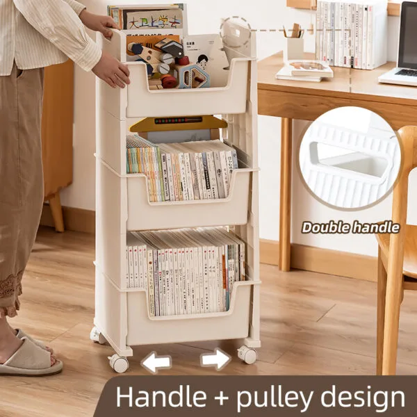 Multi-Tier Movable Bookshelf Storage-2 layer  With Wheel Book Organizing Rack Cart With Drawer Vertical Magazine Storage Cabinet
