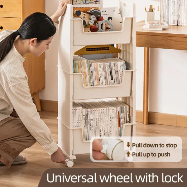 Multi-Tier Movable Bookshelf Storage-2 layer  With Wheel Book Organizing Rack Cart With Drawer Vertical Magazine Storage Cabinet