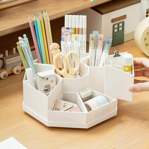 Newly upgraded Rotary pen holder-9 compartment Original Thick Plastic High-Capacity Detachable 360° Rotating Pen Holder Desktop Office Stationery