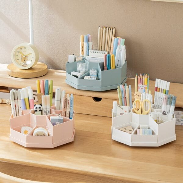 Newly upgraded Rotary pen holder-9 compartment Original Thick Plastic High-Capacity Detachable 360° Rotating Pen Holder Desktop Office Stationery