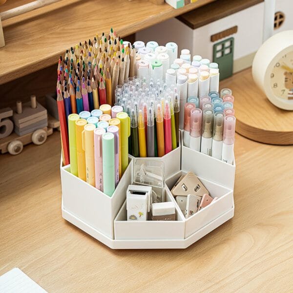 Newly upgraded Rotary pen holder-9 compartment Original Thick Plastic High-Capacity Detachable 360° Rotating Pen Holder Desktop Office Stationery