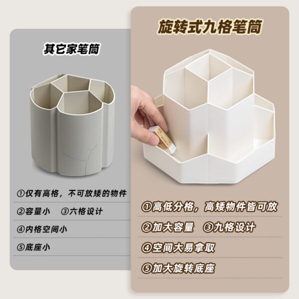 Rotating Pen Holder-9-Compartment  Original Large Capacity Plastic Storage Box  Office Student Desktop Stationery Storage