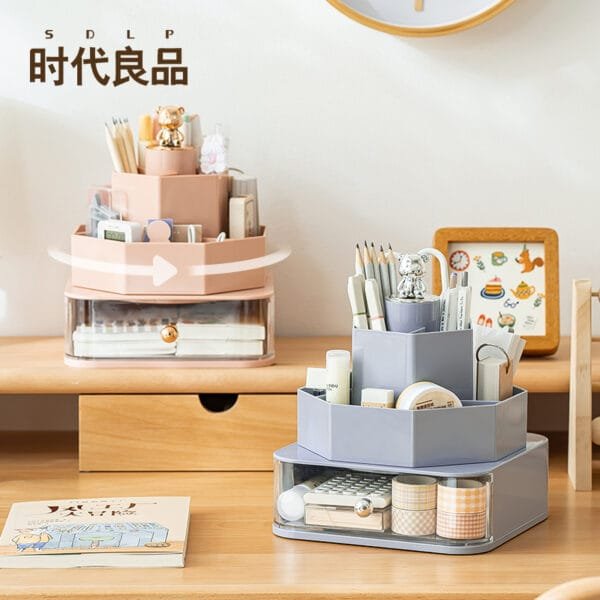 360° Rotating Stationery Storage Box For  Desk Plastic Transparent Drawer Large  Capacity Table-Top Storage Box Pen Holder