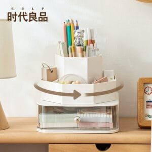 8-Compartment Rotating Pen Holder  Plastic 360° Rotating Transparent Drawer Large-Capacity Desktop Storage Box