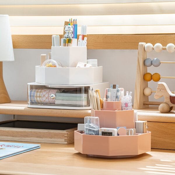 360° Rotating Stationery Storage Box For  Desk Plastic Transparent Drawer Large  Capacity Table-Top Storage Box Pen Holder