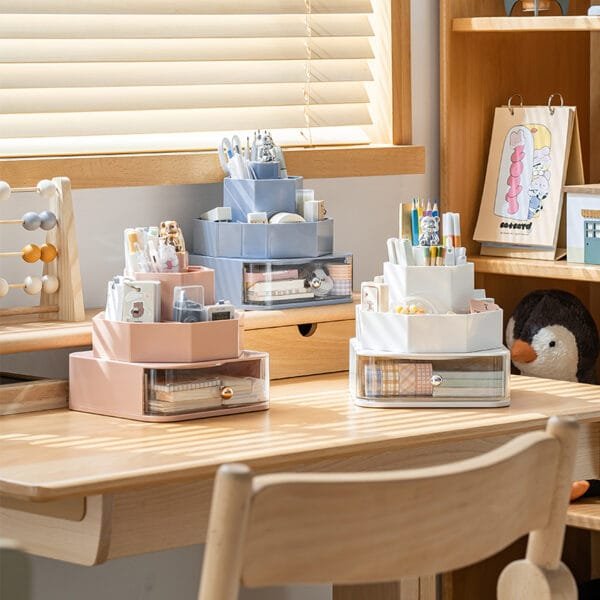 360° Rotating Stationery Storage Box For  Desk Plastic Transparent Drawer Large  Capacity Table-Top Storage Box Pen Holder