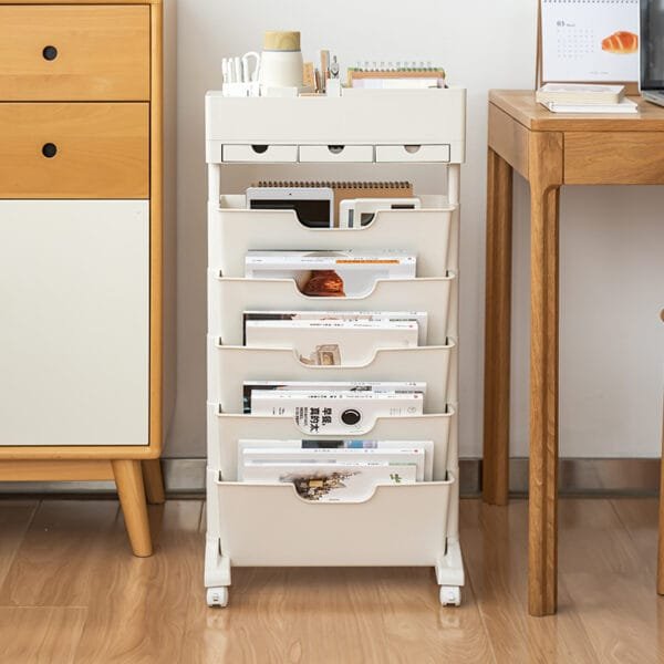 360° Rotating desk storage rack Multi-layer table trolley for storage, high appearance level can move bookshelves, storage items, magazines, etc