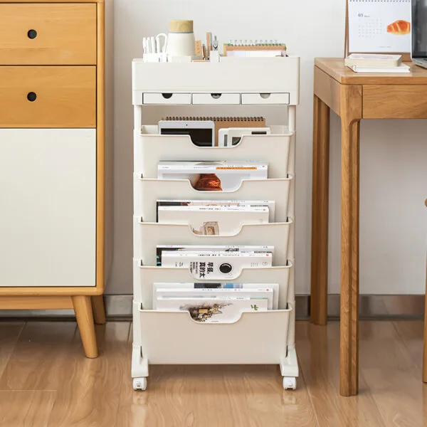 360° Rotating desk storage rack 360° Rotating desk storage rack Multi-layer table trolley for storage, high appearance level can move bookshelves, storage items, magazines, etc