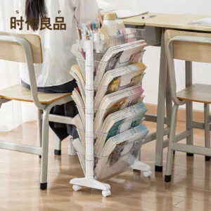 360° Rotating kids bookshelf with storage Movable trolley transparent storage shelf storage device Landing multi-layer student desk side storage bag rack