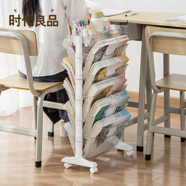 360° Rotating kids bookshelf with storage Movable trolley transparent storage shelf storage device Landing multi-layer student desk side storage bag rack