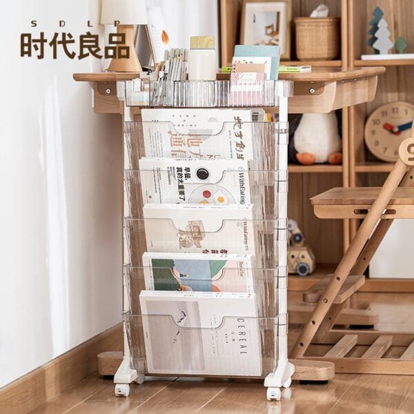 5 tier kids bookshelf home office storage good, plastic movable large capacity file storage rack, suitable for study, bedroom