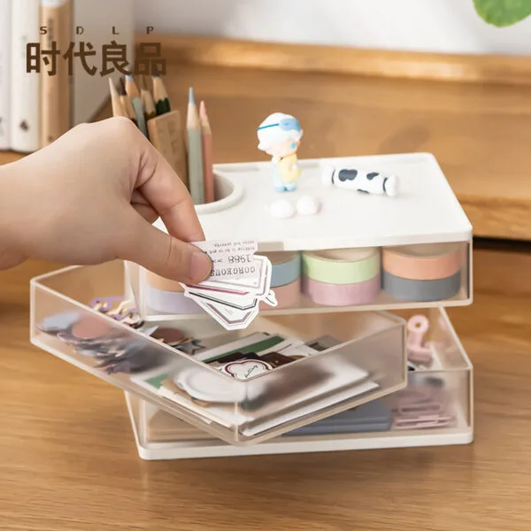 3-layer storage box 3-layer storage box Transparent rotating stationery storage box Dustproof storage Put away small objects