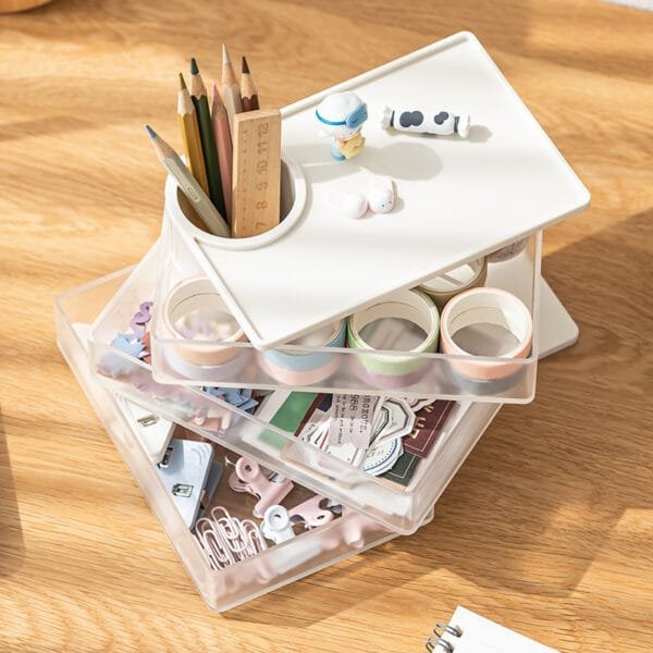 3-layer storage box 3-layer storage box Transparent rotating stationery storage box Dustproof storage Put away small objects