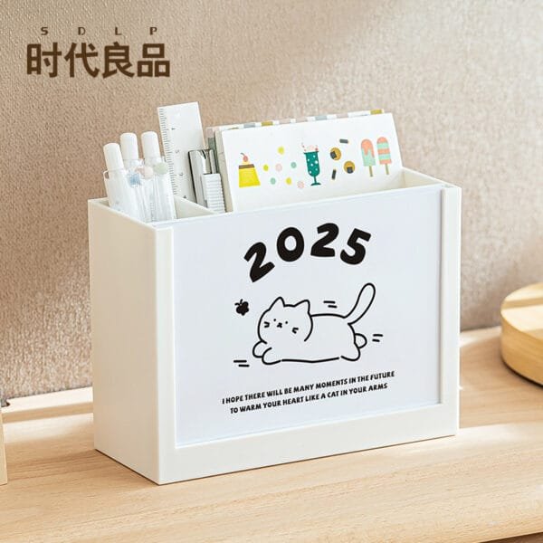 12-months Desk Calendar Pen Holder Desktop Creative Calendar 2025 desk calendar pen holder Multi-functional storage box Office clock in