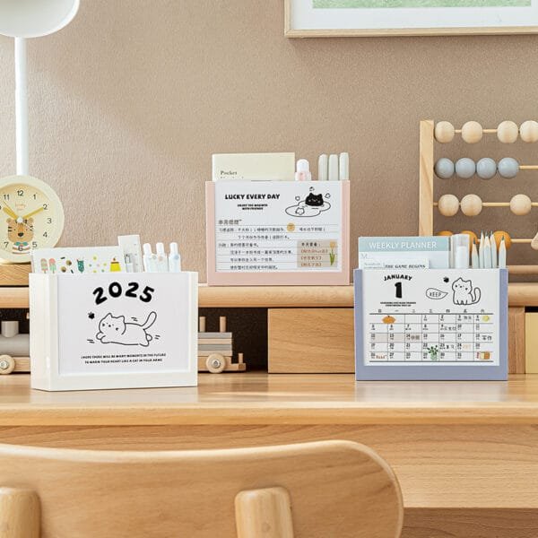 12-months Desk Calendar Pen Holder Desktop Creative Calendar 2025 desk calendar pen holder Multi-functional storage box Office clock in