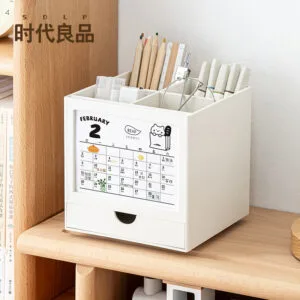 Calendar Pen Holder-360° rotation Large-capacity rotating pen holder Simple graffiti punch card notepad calendar Desktop multi-purpose storage