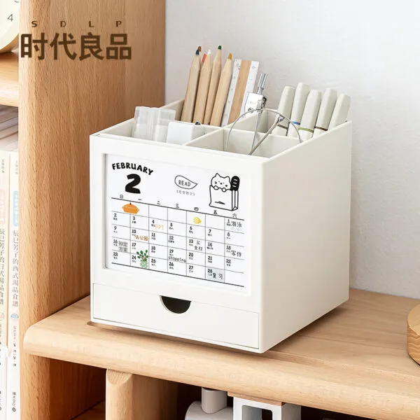 Calendar Pen Holder-360° rotation Large-capacity rotating pen holder Simple graffiti punch card notepad calendar Desktop multi-purpose storage