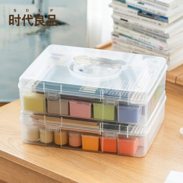 2-Layers Stationery Storage Box Student Desktop Clutter Compartment Transparent Cute Little Bear Plastic Large Capacity Storage Box