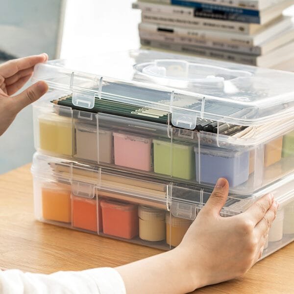 2-Layers Stationery Storage Box Student Desktop Clutter Compartment Transparent Cute Little Bear Plastic Large Capacity Storage Box