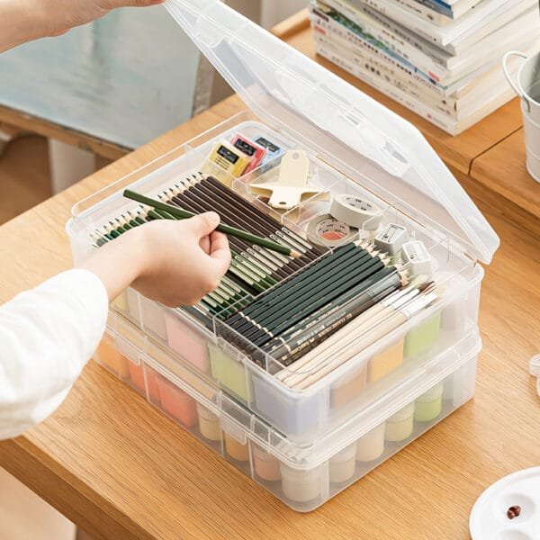 2-Layers Stationery Storage Box Student Desktop Clutter Compartment Transparent Cute Little Bear Plastic Large Capacity Storage Box