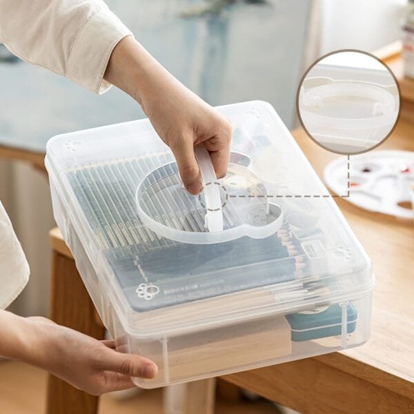 2-Layers Stationery Storage Box Student Desktop Clutter Compartment Transparent Cute Little Bear Plastic Large Capacity Storage Box