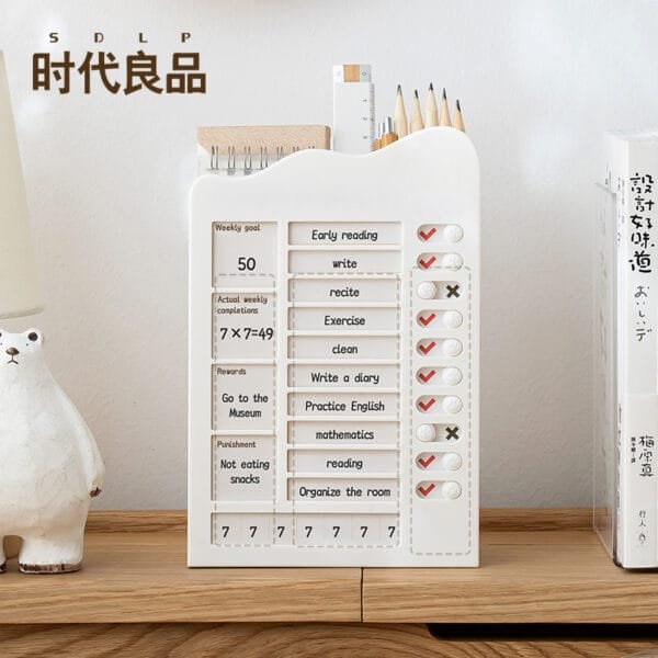 Planner Board 5-designs New upgrade of the self-discipline punch card，With a pen holder，Table top stationery large capacity storage box