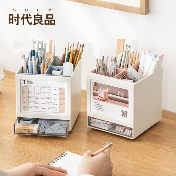 Desk Calendar 4-types pages Desk Calendar 4-types pages 2025 rotary table calendar pen holder Desk storage box Clock in the notepad calendar storage box