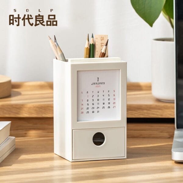 4-functions Plastic Calendar Multi-function pen holder, simple calendar pen bucket, children's office desk creative storage shelf