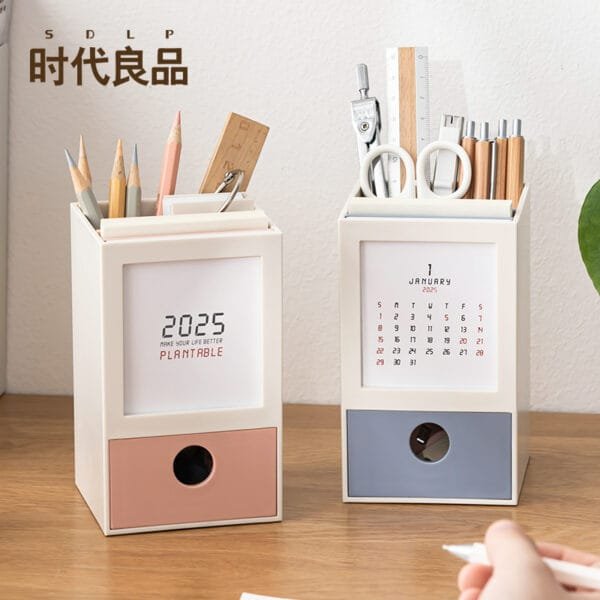 Plastic Desk Calendar 2025 Adorable small desk calendar multi-function simple pen holder check-in calendar desktop storage pen bucket ornament
