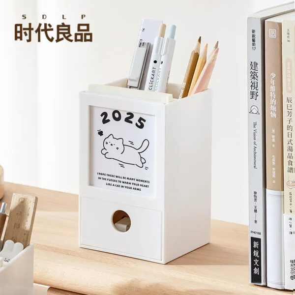 Plastic Calendar 12-months drawer pen holder with high appearance, a desk calendar ornament  multifunctional square pen bucket storage