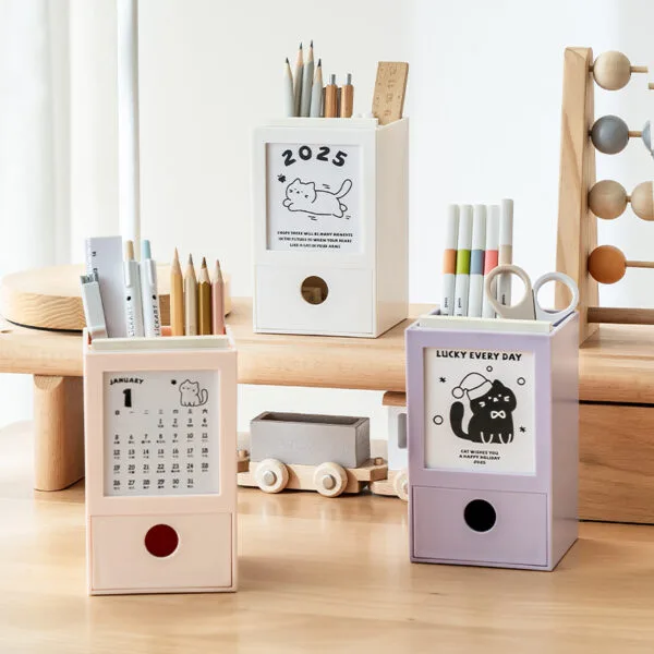Plastic Calendar 12-months drawer pen holder with high appearance, a desk calendar ornament  multifunctional square pen bucket storage