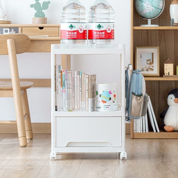 3-layer Movable Bookshelf Storage 3-layer Movable Bookshelf Storage Mobile plastic large capacity multi-layer shelf is a great tool under the table