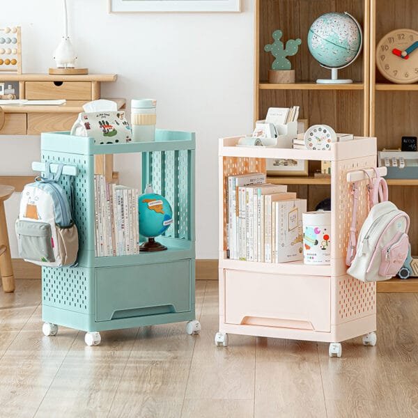 3-layer Movable Bookshelf Storage 3-layer Movable Bookshelf Storage Mobile plastic large capacity multi-layer shelf is a great tool under the table